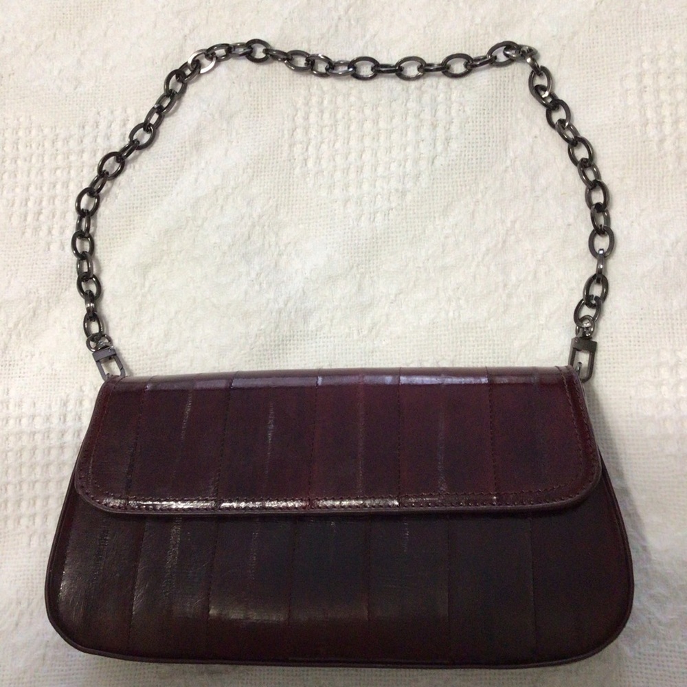 Moda Spana Wine Colored Eel Skin Clutch with Removable Chain Strap